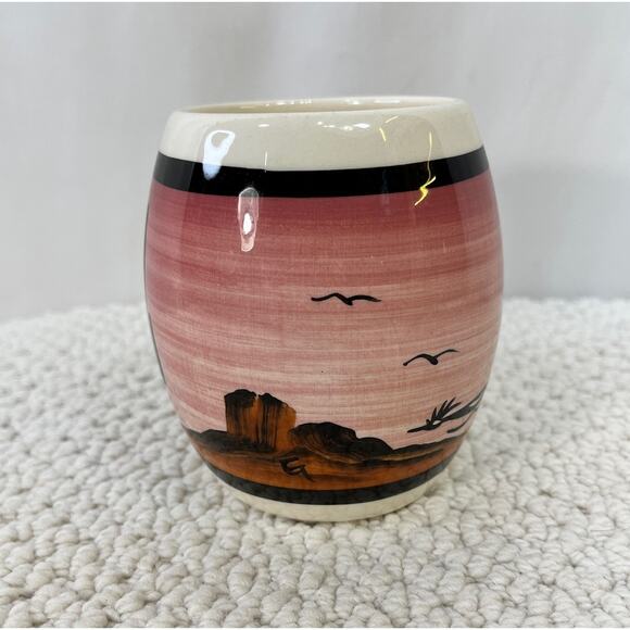 Petley Studios Southwest Mug Hand Painted Roadrunner Pink Sky Cactus Butte VTG - Picture 2 of 6